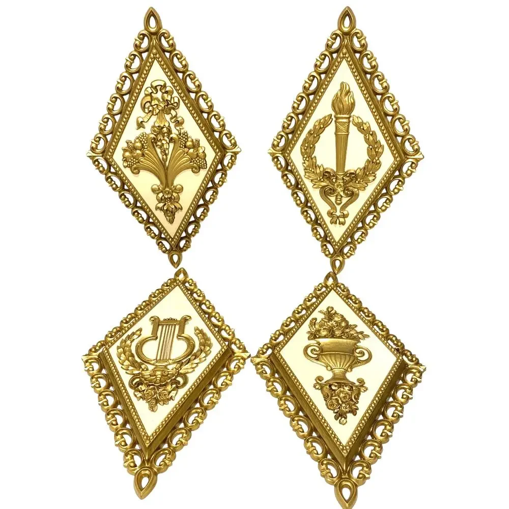 Vintage Homco Diamond Shaped Wall Hangings Set of 4 USA Gold & Cream Ornate
